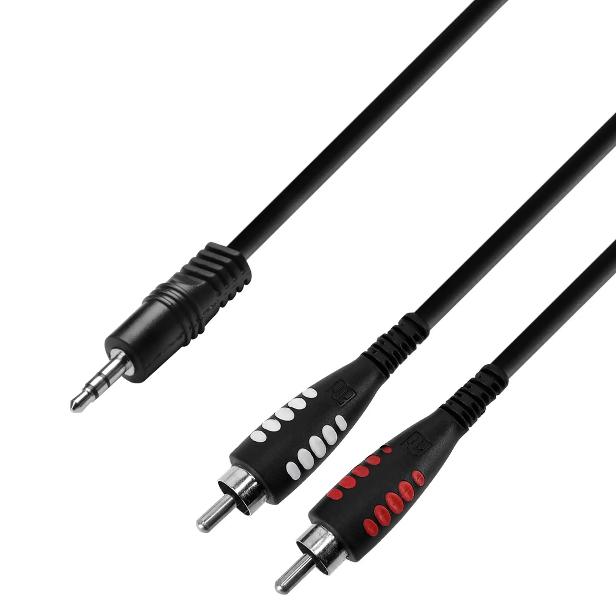 Adam Hall K3YWCC mini jack til rca kabel. Kabelen har mini jack TSR plugg som går til 2 stk. RCA plugger (høyre og venstre). Omtales også som rca til aux, eller mini jack til phono.